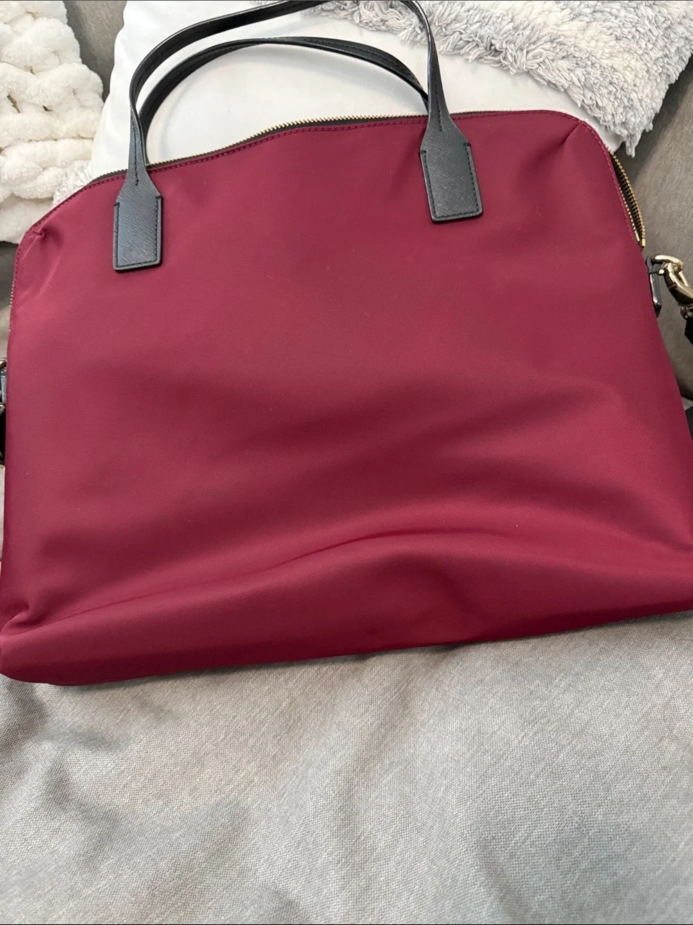 kate spade burgundy nylon tote with black trim and strap